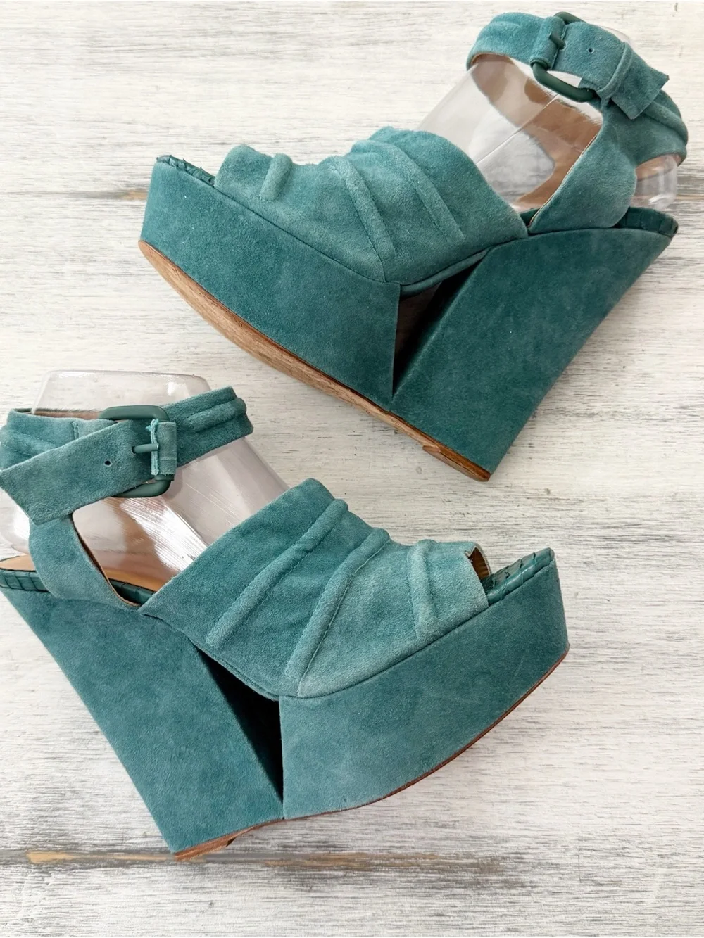 L.A.M.B. Teal Suede Platform Wedge Sandals with Ankle Buckle size 9.5M